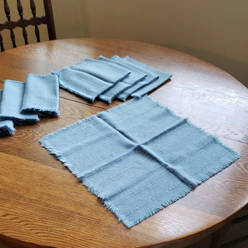 Vtg- Set (8) of Blue Fringed Napkins